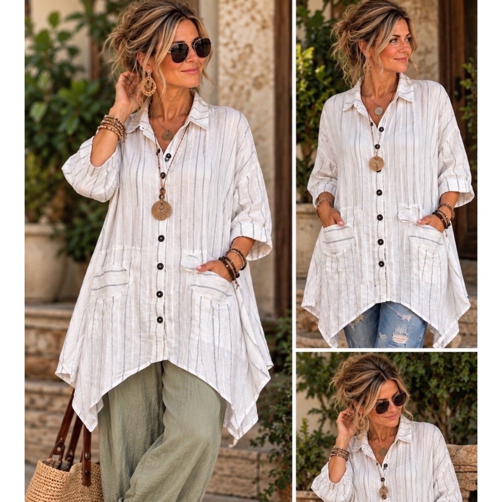 Cheyenne White Striped Linen Tunic Lagenlook Boho Coastal Oversized Women's S/M